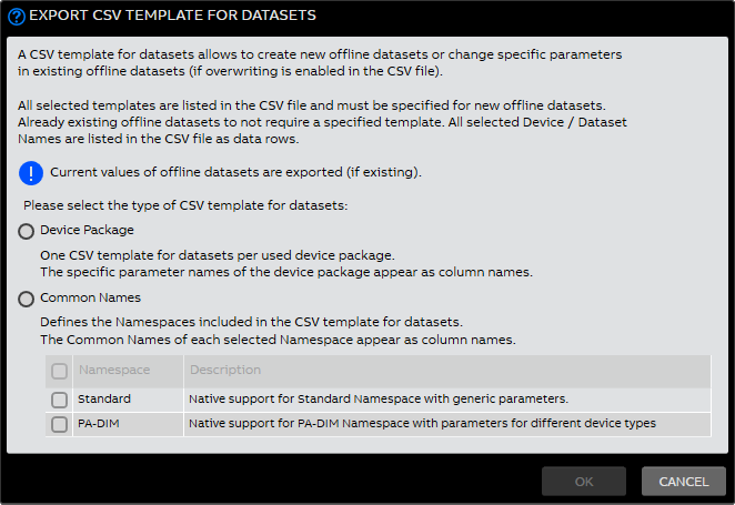 Export CSV Template for Datasets Dialog