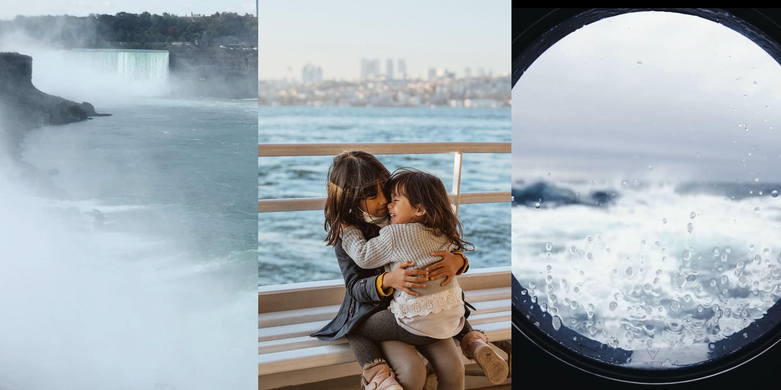 Niagara Falls, two children on a ferry and a vessel window showing the sea outside